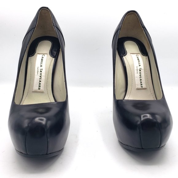 Camilla Skovgaard Stiletto Heels 7 Black Leather Round Toe Covered Platform - Picture 2 of 11
